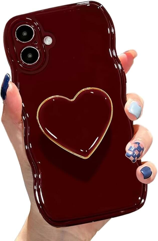 for iPhone 16 Plus Cute Case Curly Wavy Frame with Stand Wine Red