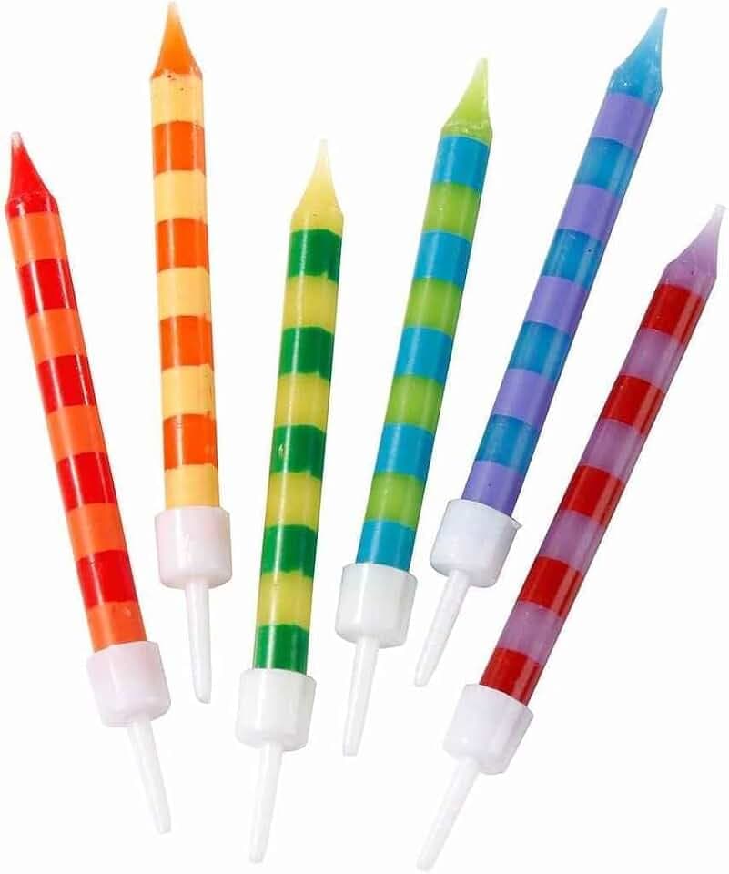 Talking Tables 24 x Striped Colourful Birthday Cake Candles with Holders, Rainbow Kids Stripy Party Candles for Cakes & Cupcakes - Handy Cake Toppers 2.75inches