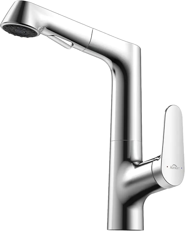 Auralum Wasserhahn Küche, Küchenarmatur mit Brause Ausziehbar, 360° Drehbar küchenarmatur, Mischbatterie küche mit Zwei Wasserstrahlarten, Einhebel Spültischarmatur für Küche, Armatur Küche-silber