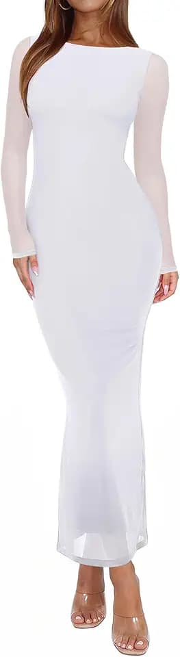 REORIA Women's Fall Mesh Sheer Long Sleeve Wedding Guest Dress Sexy Floral Bodycon Maxi Long Dresses