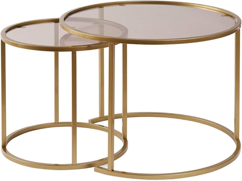Hanah Home Elegantes Couchtisch-Set (2 Teile), Gold & Bronze, 60 x 60 x 43 cm | 100% Sicherheitsglas & Metallrahmen | stilvoll & langlebig für Moderne Wohnräume