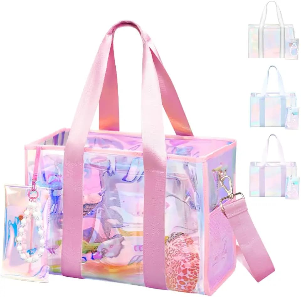 Beach Bag 26L Large Iridescent Waterproof Jelly Tote Bag for Women with Zipper & Phone Pouch Sand/Tip-Proof Crossbody