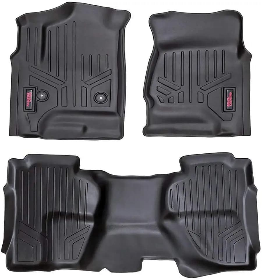 Rough Country All Weather Floor Mats for Chevy Silverado & GMC Sierra 1500/2500HD/3500HD Double Cab (2014-2019) - Non-Slip Waterproof Flexible Floor Mat, Front & Rear Set
