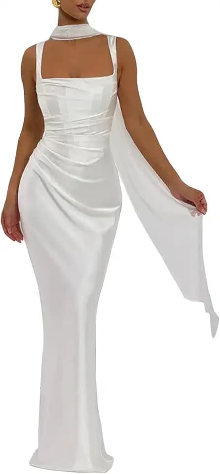 ABYOVRT Women Wedding Guest Dress Satin Corset Top Elegant Maxi Dresses with Sheer Scarf Evening Gown