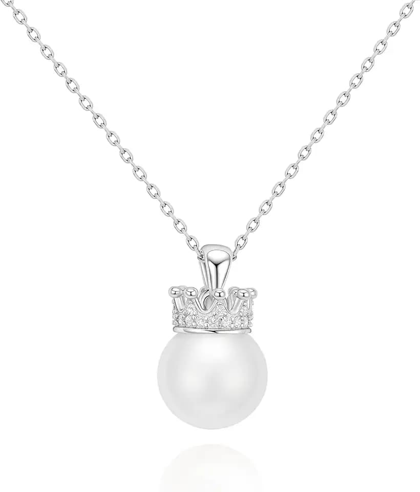 Pearl Necklace for women,10mm Single pearl Necklace, Silver Princess Crown Pearl Pendant Dainty Jewelry Gift for Wife, Mom,Girlfriend,Anniversary, Birthday,Valentine’s Day