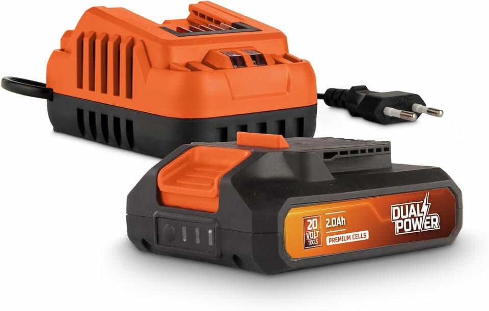 POWERPLUS Dual Power Akku- und Ladegerät-Set POWDP90620-20V, 2.0Ah Akku - für 20V Werkzeuge - 2A Ladegerät - für 20V & 2x20V Akkus - Für Akkuschrauber, Bohrmaschine, Bohrschrauber