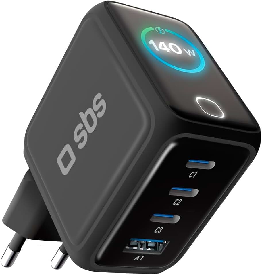 SBS Pulse Power 140W USB-C, GaN-Technologie, Power Delivery (PD 3.1 PPS), AI Smart Display, Touch-Steuerung, AFC, Netzteil mit Schnellladen, Ladegerät für Notebook, Tablet, iPhone, Android