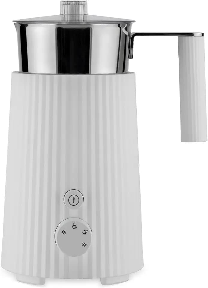 Alessi Plissé MDL13 W/UK - Design Multifunktions-Induktions-Milchaufschäumer aus thermoplastischem Harz, Krug aus Edelstahl 18/10, britischer Stecker, 600 W, 35 cl, Weiß