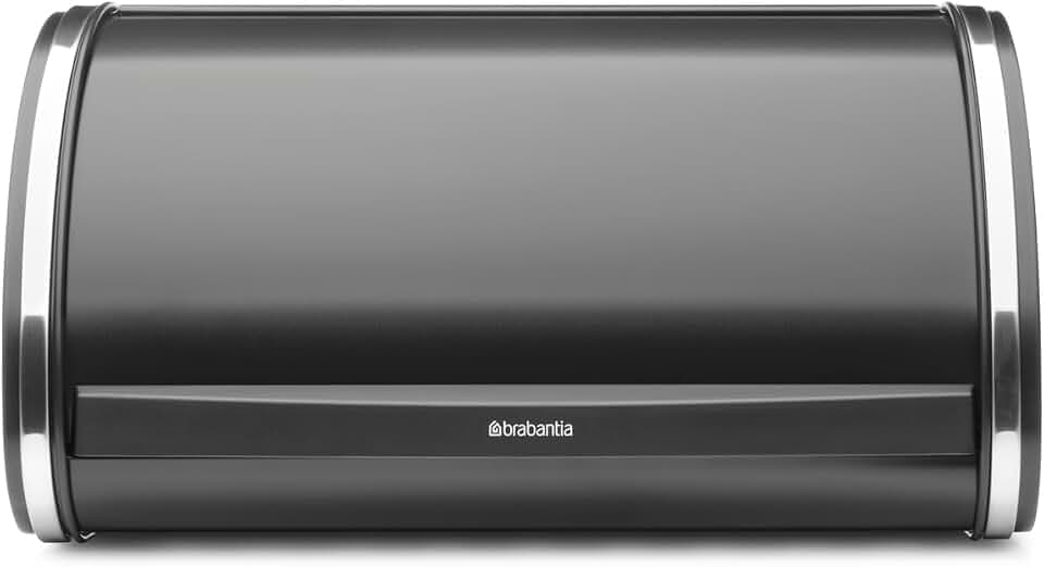 Brabantia Rollbrotkasten - Kompakte Aufbewahrungsbox für Brot, Bagels und Brötchen auf der Arbeitsplatte, mit flachem Deckel, Langlebiger Stahl - mittlere Größe - Mattschwarz