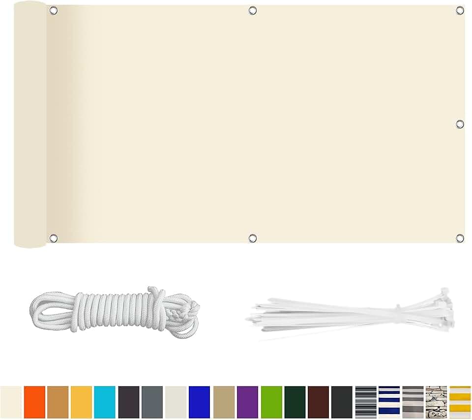 HERILIOS Balkon Sichtschutz, Balkonabdeckung 220 g/m² Innen Balkonverkleidung UV-Schutz (210Größen&21Farben) Ohne Bohren mit Ösen Kabelbinder und Kordel für Balkongeländer Terrasse,75X200CM Creme