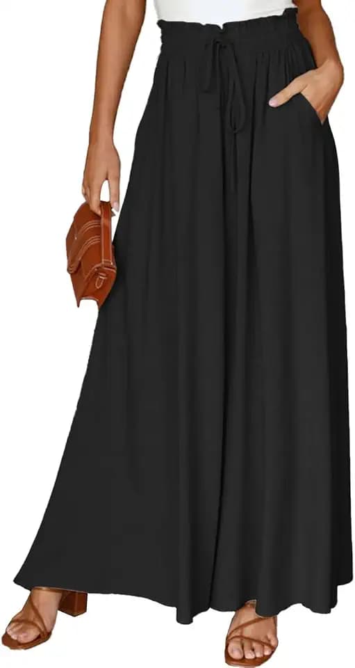 Damen Hosen Weite Sommer, Palazzo Hose Hohe Taille mit Tunnelzug mit Taschen, Hose Baggy Sommerhose Weite Leg Elastische Einfarbig für Damen Frauen, Schwarz/Apricot S-XL