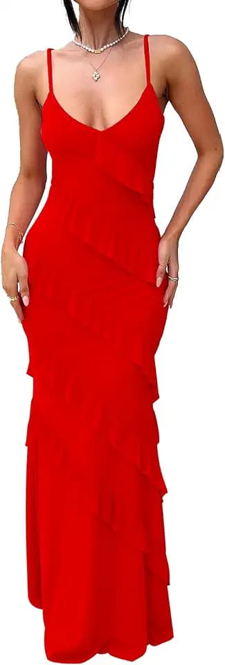 HOCILLE Women's Sexy V Neck Mesh Bodycon Wedding Guest Cocktail Maxi Dress