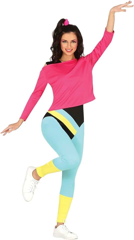 FIESTAS GUIRCA 80er-Jahre-Kostüm für Gymnastik – Outfit mit rosa T-Shirt und mehrfarbigem Overall, Gymnastiklehrerin für Damen und Erwachsene