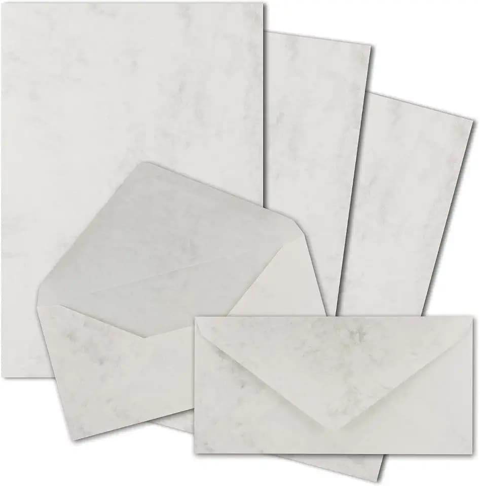 25x Briefpapier Set DIN A4 mit DIN Lang Briefumschlägen, Nassklebung - Grau Marmoriert - mattes Schreibpapier mit Kuverts - FarbenFroh by GUSTAV NEUSER