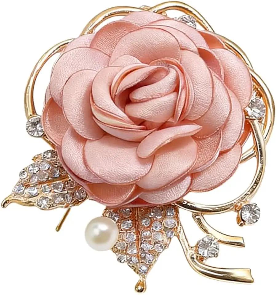 Rose Flower Brooch Pin for Women Elegant Vintage Brooch Pin Wedding Party Handmade Imitation Crystal Pearl Fabric Flower Lapel Pin Dress Suit Accessories