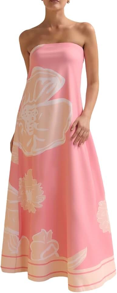 Zwirelz Women Strapless Maxi Dress Boho Floral Print Flowy Long Tube Dress Off Shoulder Loose Beach Sundress