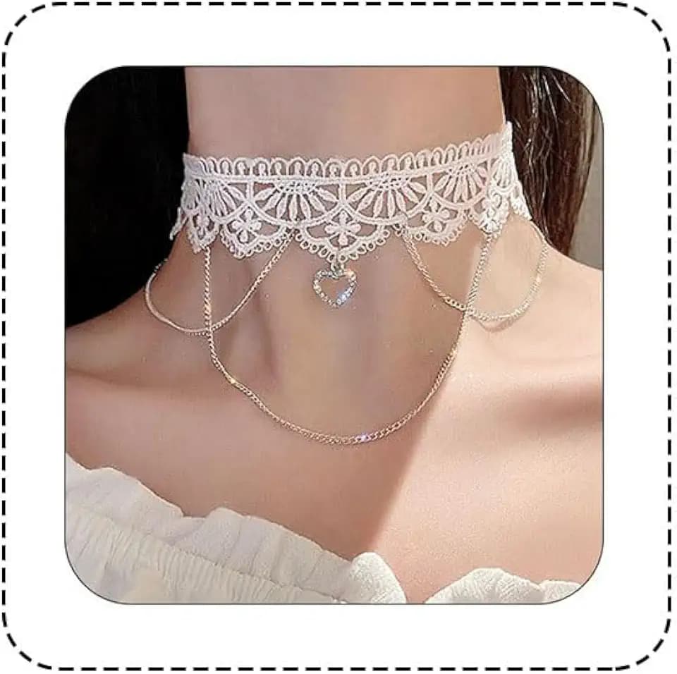 Bethynas Gothic White Lace Sexy Choker Necklace Heart Butterfly Pendant Tassel Collar Neck Chain Bridal Wedding Jewelry for Women Girls