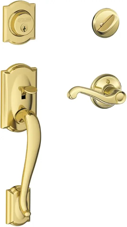 SCHLAGE Camelot Einzylinder Handleset und rechts Hand Flair Hebel, Bright Messing (F60 Cam 505 FLA 605 RH)