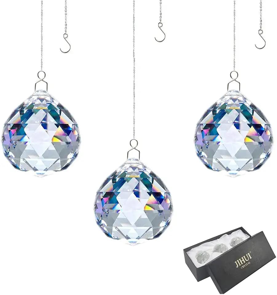 JIHUI Crystal Prism Ball Window Suncatcher Rainow Maker 30mm/1.18 inches with Chain for Easy Hanging Pack of 3