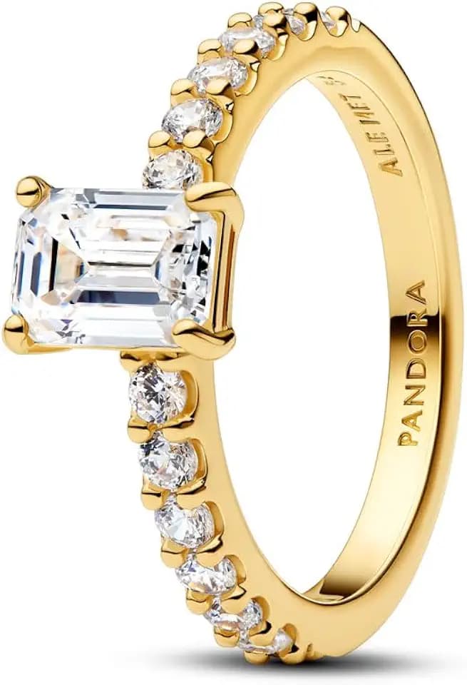 PANDORA Ring Rechteckiger Halo in 14 Karat Vergoldung mit Cubic Zirkonia, Damen Ring mit erhabenem Stein und Pavé Ringschiene, eleganter Statement Ring, Größe 54, 164506C01-54