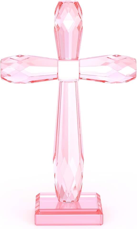 YWHL Handmade Pink Crystal Standing Cross Decor, Religious Cross Gifts