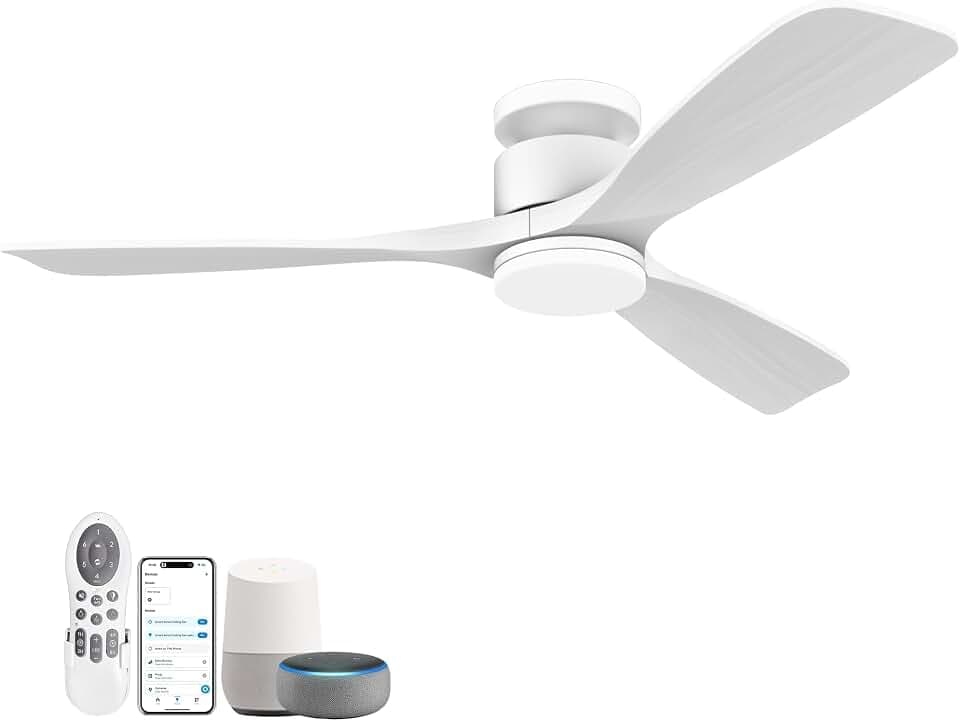 52" Smart Wood Ceiling Fan with Lights Remote,Low Profile Flush Mount,White