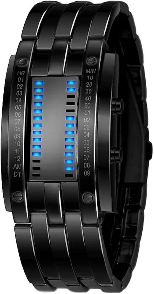 Unisex Binär Digitale Uhren Schwarz Edelstahl Fashion Casual Stil Eckig Zifferblatt Blau LED Licht Einzigartig Armbanduhren Kalender
