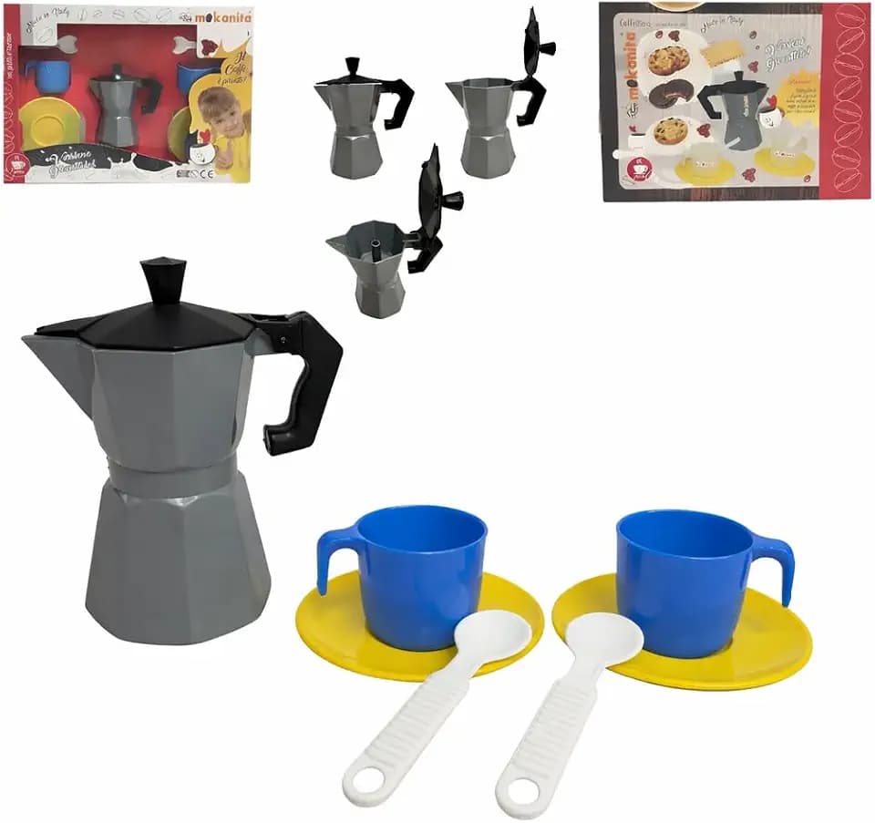 Set Kaffeemaschine Spielzeug Moka Spielzeug Kaffee mit Tassen Untertassen Löffel Küche Mokka Spiel Mokka Spielzeug für Kinder in verschiedenen Farben Made in Italy (a)