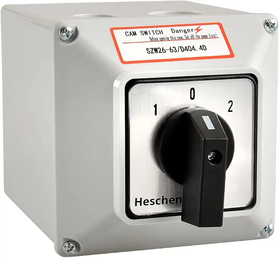 Heschen universaler Drehwechselschalter SZW26-63/D404.4D 660V 63A ON-OFF-ON, 3 Positionen, 4 Phasen, 4NO+4NC, 16 Klemmen, Außenbox LW28-63/4