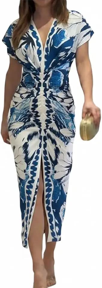 CHICME Dresses for Women Floral Plunge V Neck Ruched Midi Dress