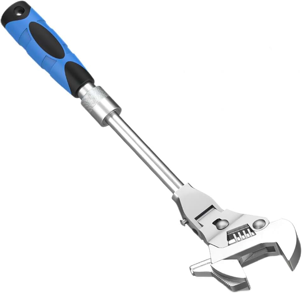 2 in 1 Flex Head Adjustable Wrench, Reversible Jaw Pipe Wrench with 10”-12” Retractable Extension Shank and 180⁰ Rotatable Head