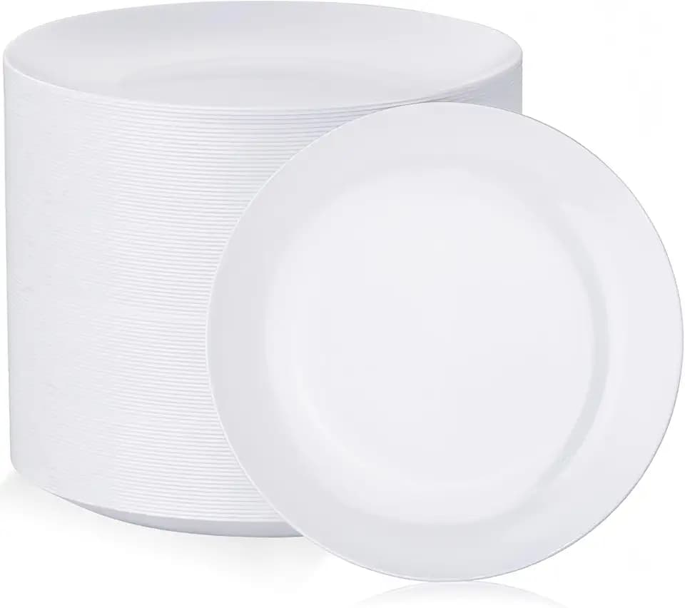 Nervure 100PCS White Plastic Plates - 10.25″ Disposable White Dinner Plates