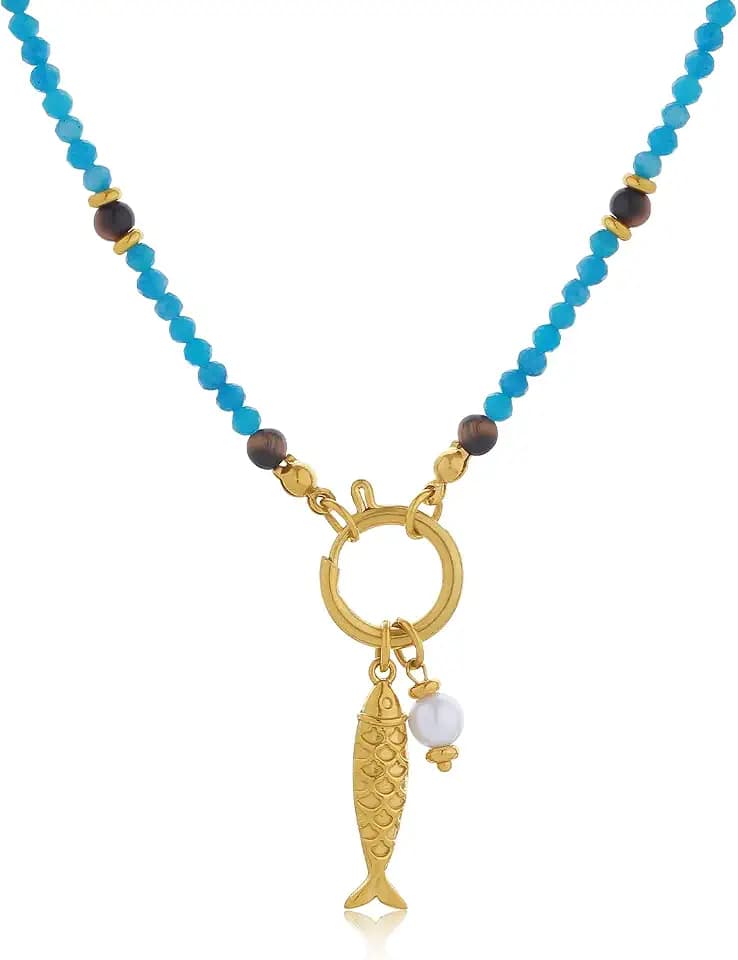 Boho Fish Necklace for Women 14k Gold Plated Fish Pendant Blue Beaded Choker Necklaces Summer Beach Coastal Gold Jewelry for Women Gifts