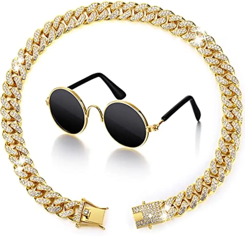 Xuniea 2 Pcs Pet Collar Set, Chain and Sunglasses, 12 Inch, Gold, Black