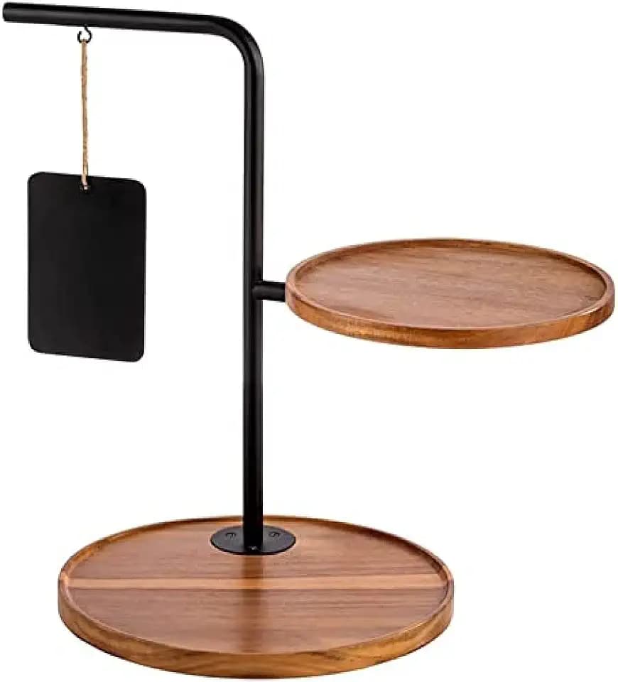 APS 2-stufige Etagère -IRON- 47 x 30 cm, H: 44 cm Set bestehend aus: - 1 Gestell, Metall, schwarz mit Antirutsch-Füßchen - 2 Bretter aus Akazienholz: Ø 23 cm, H: 2,5 cm - 2 Beschriftungsschilder