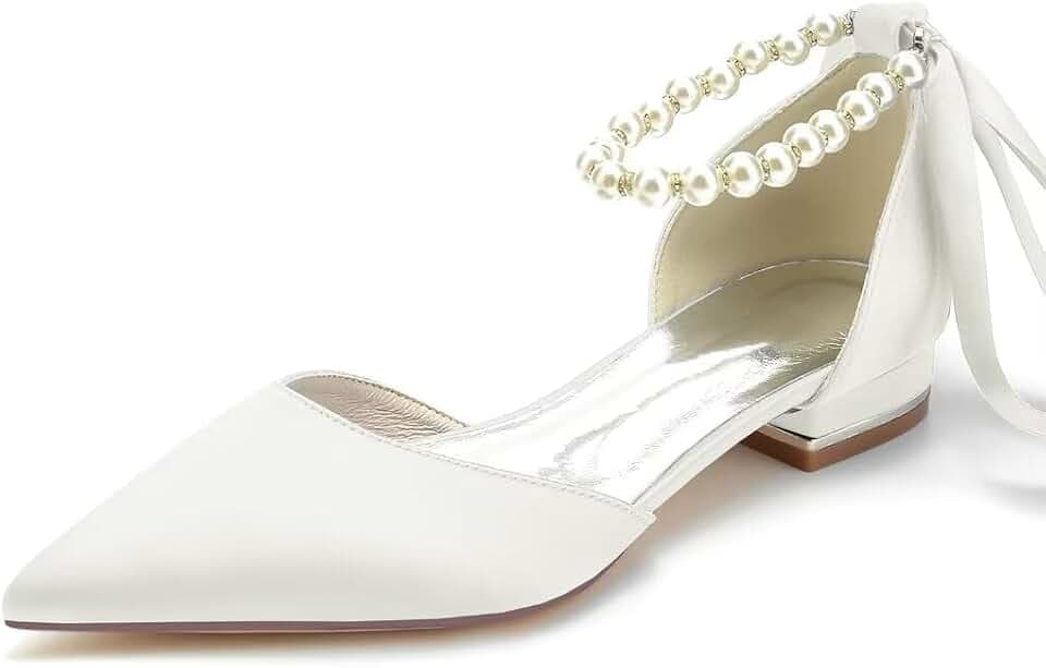 Women's Bride Ballet Flats Satin Pointed Toe Pearl Ankle Strap Shoes