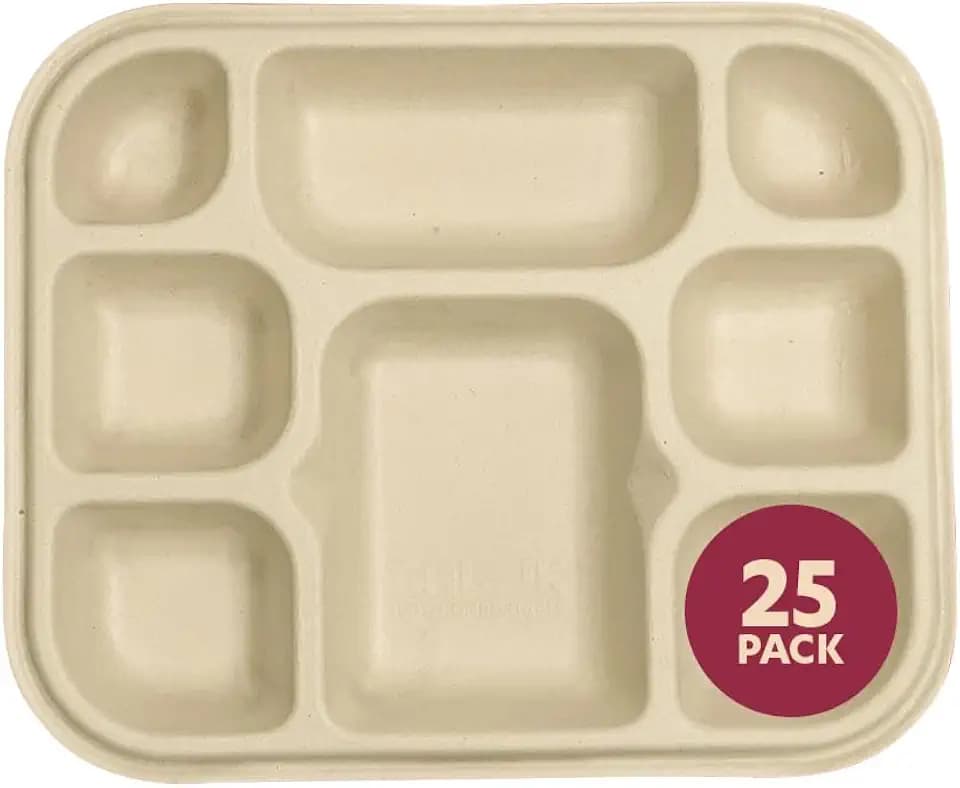 CHUK 8 Compartment Compostable Plates, 25 Pack, 12.5 x 10 Inch Bagasse Divided Meal Trays