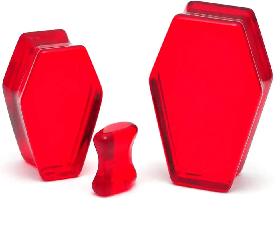 Pair of Ruby Red Glass Coffin Shaped Double Flare Plugs (PG-567)
