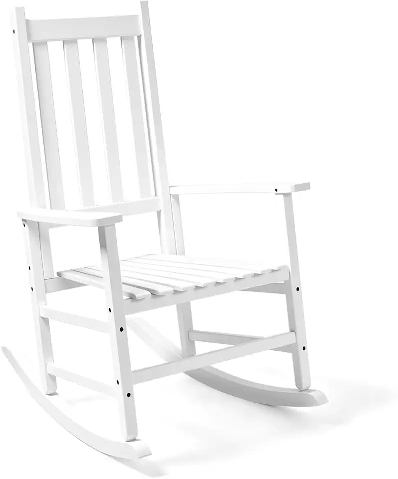Solid Wood Rocking Chair, Outdoor Porch Rocker with High Back & Armrests, 350 LBS Weight Capacity, Single Leisure Rocking Chair for Patio Balcony Garden