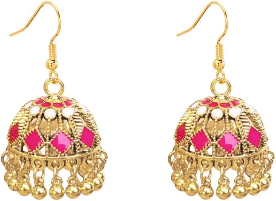 Gold Plated Indian Jhumki Bell Vintage Colorful Enamel Statement Dangle Drop Earrings for Women Boho Jhumkas Beaded Tassel Hook Dangling Bollywood Hypoallergenic Fashion Trendy Jewelry