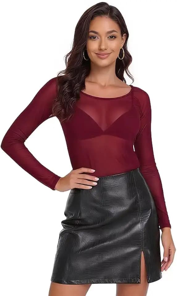 Women's Mesh Tops Sheer Long Sleeve Tee Shirts Bodycon See Through Sexy Clubwear Party Round Neck Tees