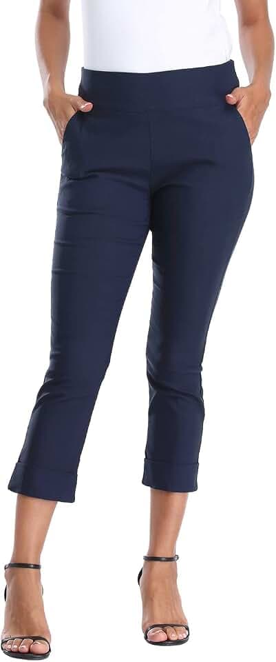 HDE Pull On Capri Pant for Women w/Pockets Elastic Waist Cropped Work Pant