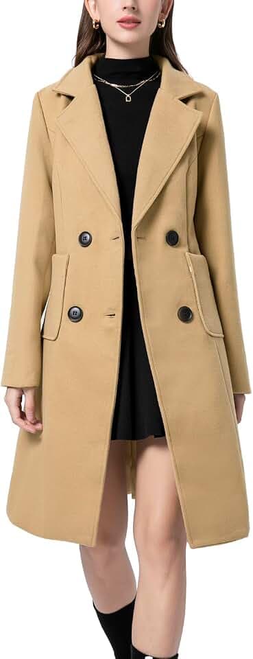 Sukany Women's Winter Wool Blend Coat Notched Collar Double Breasted Lapel Mid Long Jacket Outwear