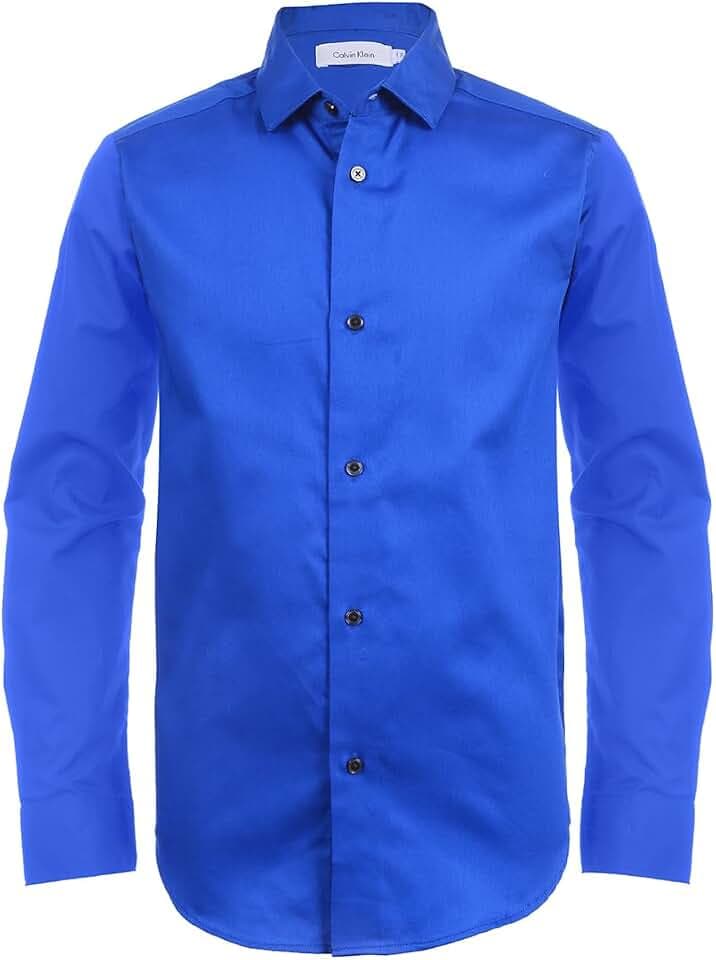 Calvin Klein Boys' Long Sleeve Sateen Dress Shirt, Button-Down Style with Buttoned Cuffs & Shirttail Hem