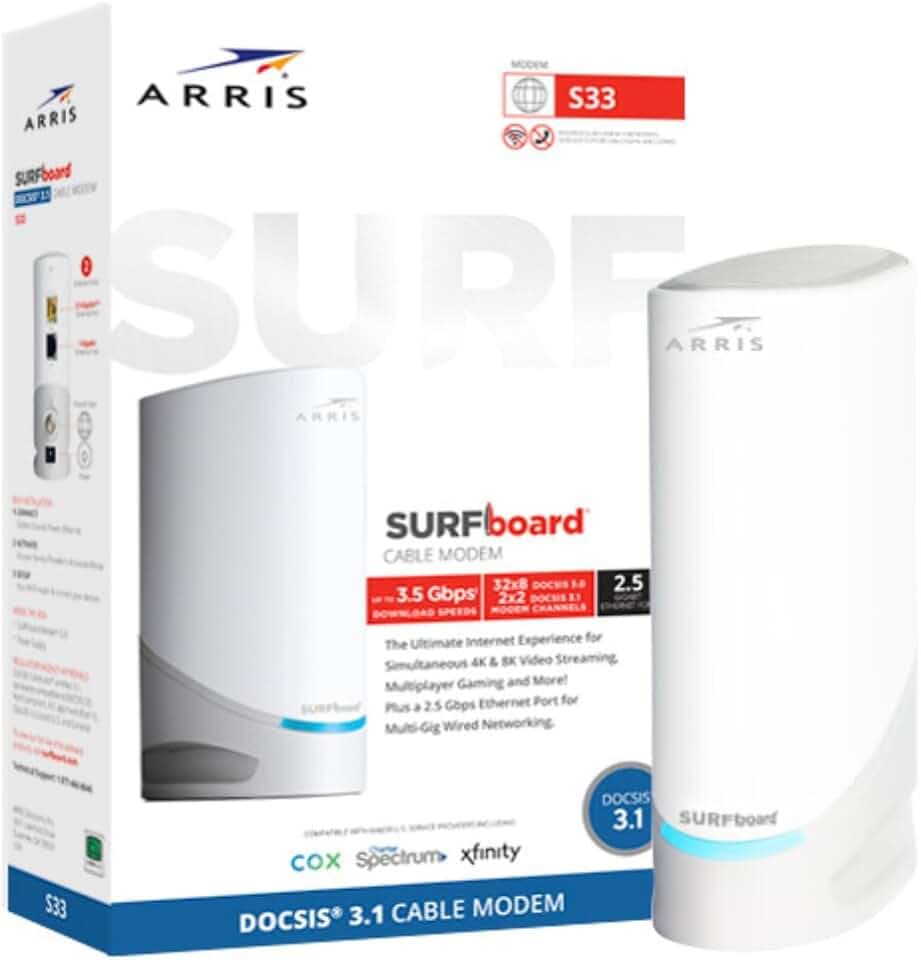 ARRIS Surfboard S33 DOCSIS 3.1 Multi-Gig Cable Modem | Up to 2.5 Gbps