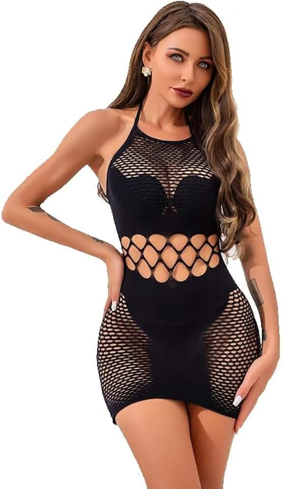 Sexy Dessous Damen – Reizwäsche Netzkleid mit Cut-Outs und Neckholder – Transparente Babydoll Schwarz Clubwear fur Date Night & Party