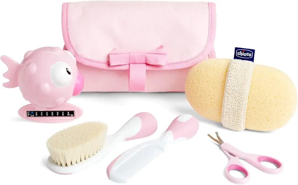 Chicco Baby-Badeset, Geschenkidee, Geschenkidee zur Geburt, mit Kamm, weicher Bürste, Thermometer, Waschlappen aus Frottee und einer Schere, Babyhygiene, Badeartikel, Rosa
