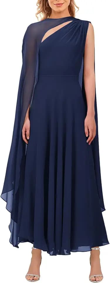Aisbei Women's Elegant One Shoulder A Line Flowy Maxi Dress Evening Gowns Party Formal Wedding Guest Dresses with Cape