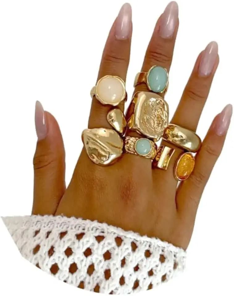 Chunky Gold Square Knuckle Finger Ring Set for Women,Vintage Colored Rhinestone Statement Finger Rings,Personalized Trendy Jewelry Accessories Gifts