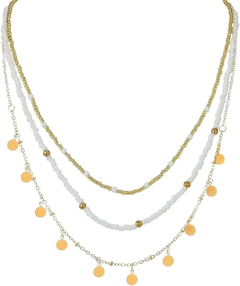 Boho Layered Necklace Set, 3-Piece, Beaded Chain with Disc Charms, Fashion Holiday Jewelry Gifts